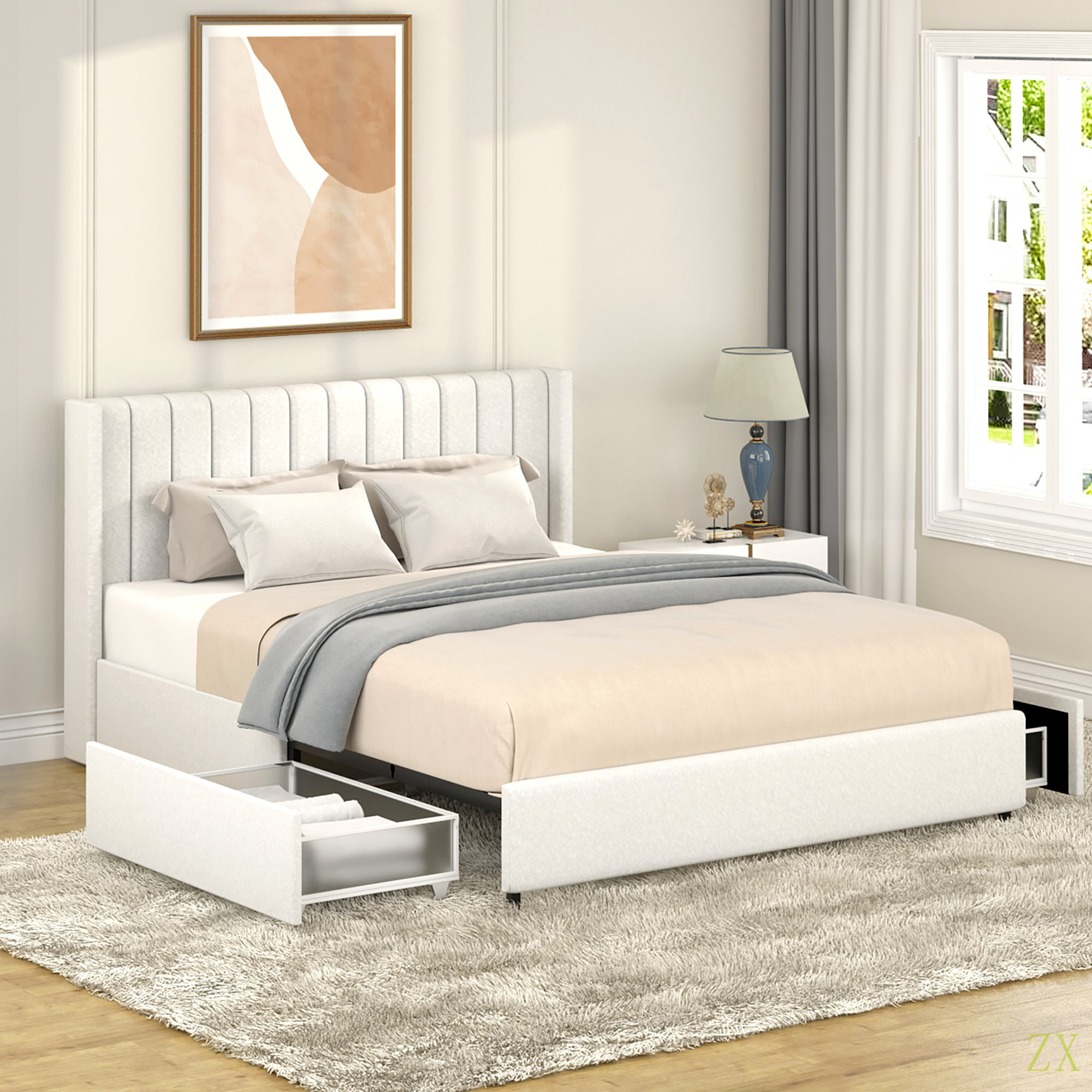 ドレッサー Latitude Run® 2-Drawers Storage Bed Queen Size Boucle Upholstered